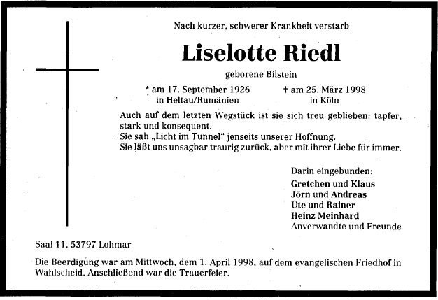 Bilstein Lieselotte 1926-1998 Todesanzeige